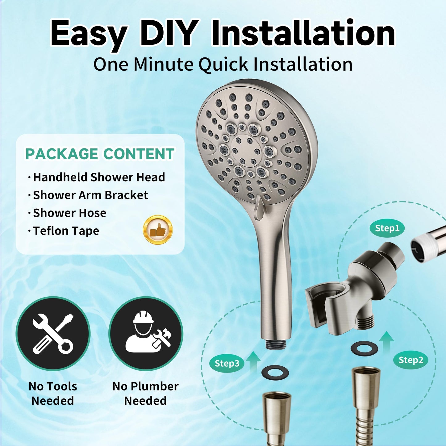 BRIGHT SHOWERS High Pressure Shower Head with Handheld, 9 Spray Settings Showerhead Built in Power Wash to Clean Tub and Pets, Extra Long 69" Hose, Adjustable Bracket, Brushed Nickel