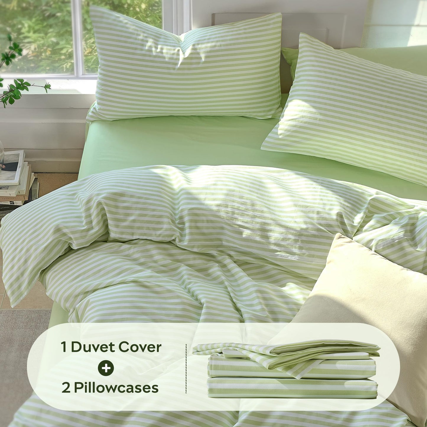 JELLYMONI Striped Duvet Cover Set - Queen Size Comforter Cover, Classic Sage Green & White Stripes, 100% Cotton 3 Pcs Bedding with Zipper Closure & 8 Corner Ties for Master or Guest Bedroom