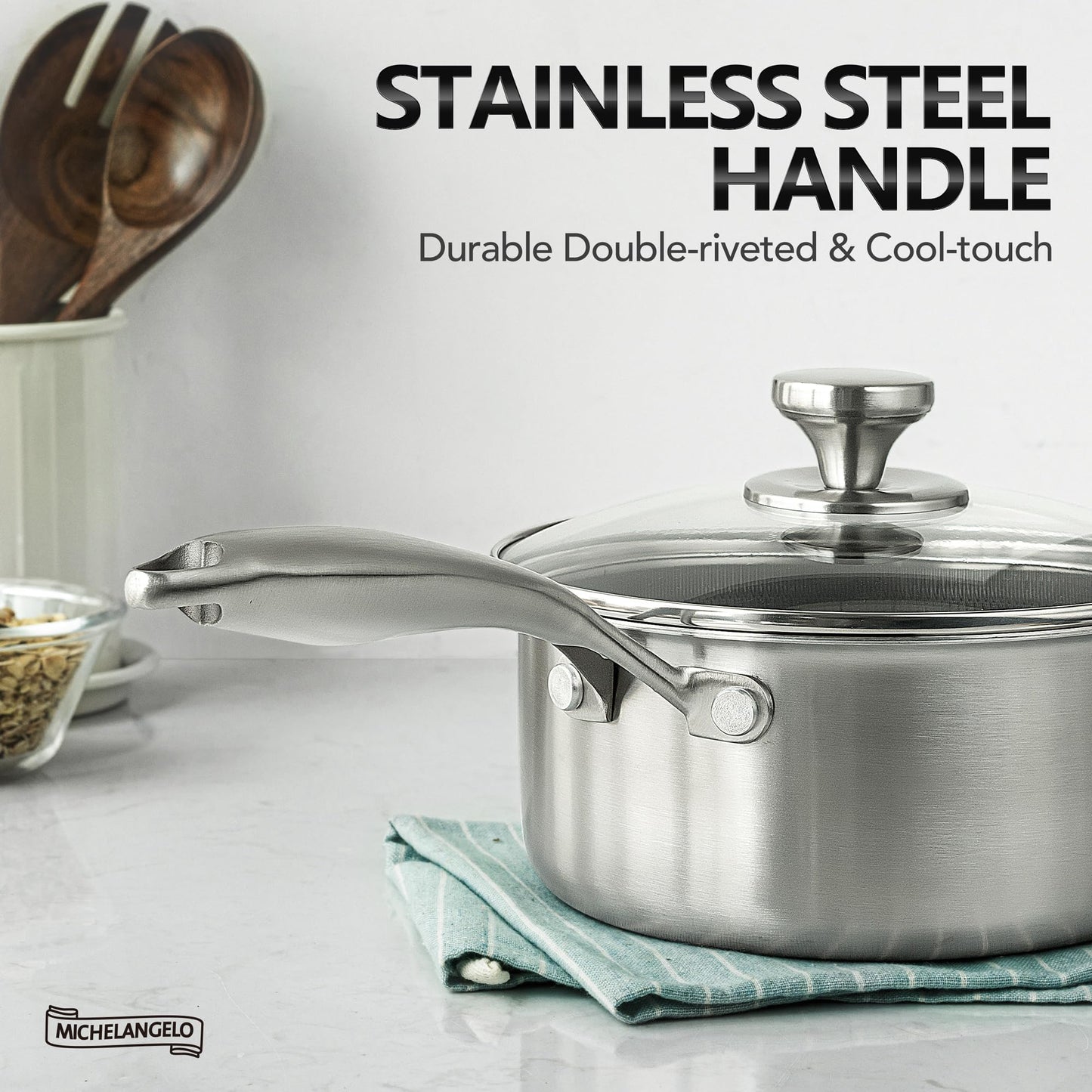 MICHELANGELO 3 Quart Saucepan with Lid, Premium Triple Ply Stainless Steel Sauce Pan with Lid, Sauce Pot with Honeycomb Interior - 3QT