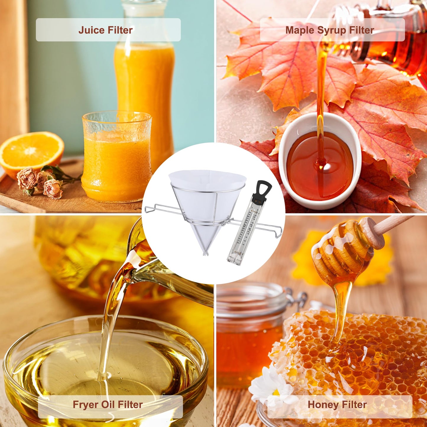 Oil Fryer Filters, Stainless Steel Filter Strainer with Thermometer, Cone Strainer Holder Stand with 20pcs Cone Filter Paper & Folding Arm to Deep Fryers, for Cooking Oil Filter and Maple Sap Making