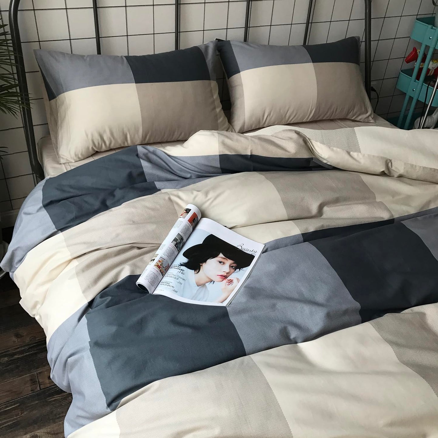 mixinni Twin XL Comforter Set Men Boys Geometric Checkered Plaid Printed Bedding Comforter for All Season Soft Lightweight Bedding Set-Twin XL Size