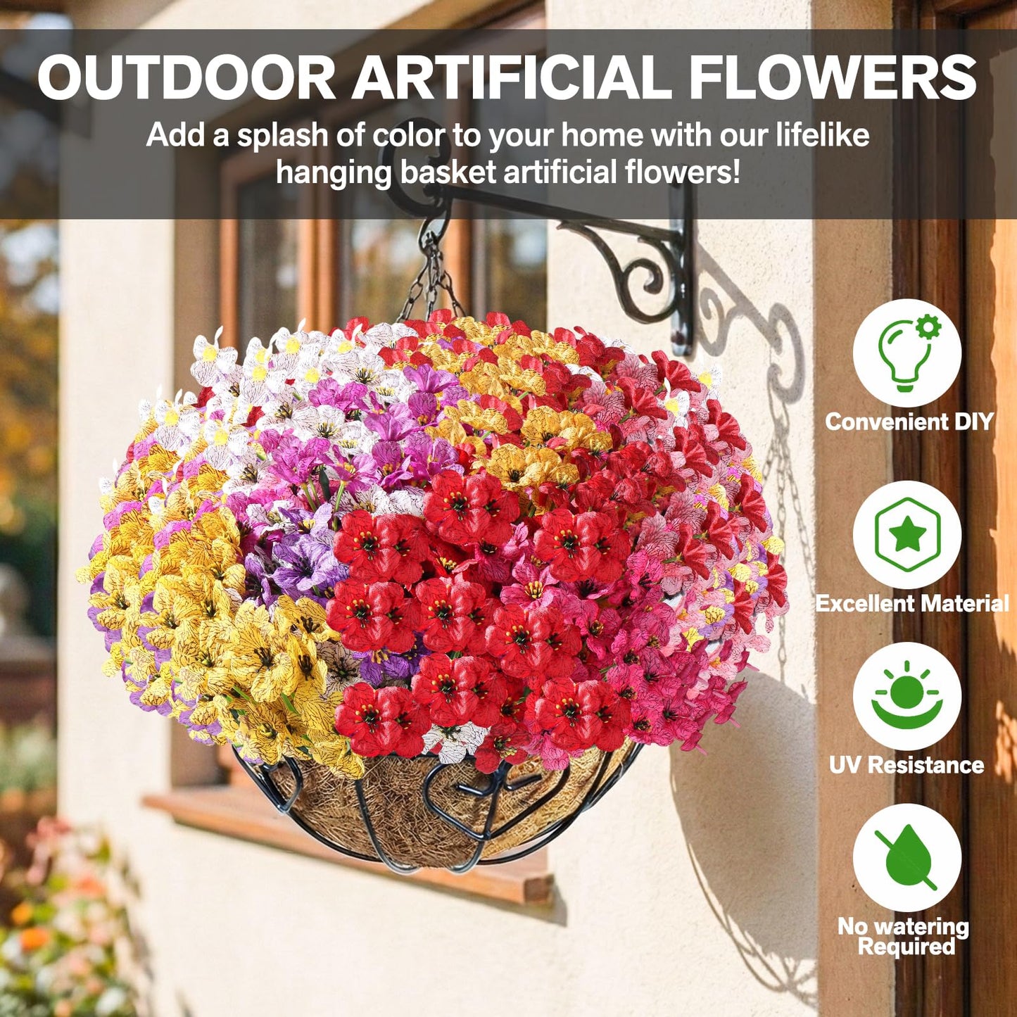 Powbrace 60 Pack Artificial Flowers Outdoor, Faux Silk Flowers for Outdoors Outside Front Porch Hanging Planter Window Box Garden Decoration(Mixed)