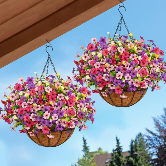 2 Pack Artificial Hanging Flowers for Outdoors, Fake Hanging Plants with 12" Baskets, 24 Pcs UV Resistant Artificial Hanging Flowers for Decoration Outdoors Garden Patio Porch Yard Spring Summer Decor