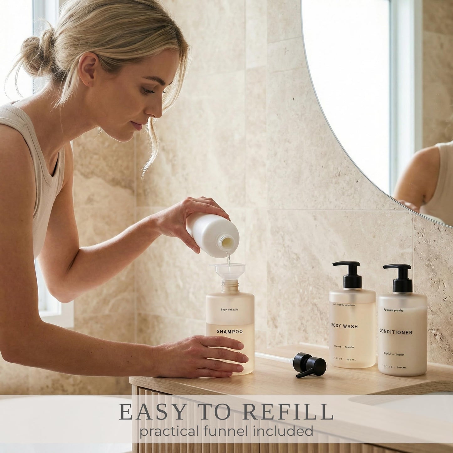 Stylish Shampoo and Conditioner Dispenser Set of 3 - Modern 20oz Shower Soap Bottles with Pump and Labels - Easy to Refill Body Wash Dispensers for an Instant Bathroom Decor Upgrade