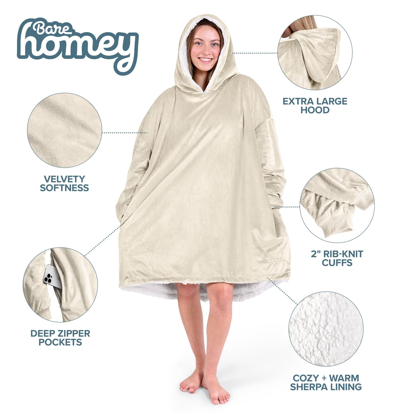 Bare Home Sherpa Fleece Wearable Blanket - Oversized Wearable Blanket Hoodie - Adult Size - Warm & Cozy - Soft Blanket - Comfortable Blanket Sweatshirt with Two Zipper Pockets (Adult, Oyster)