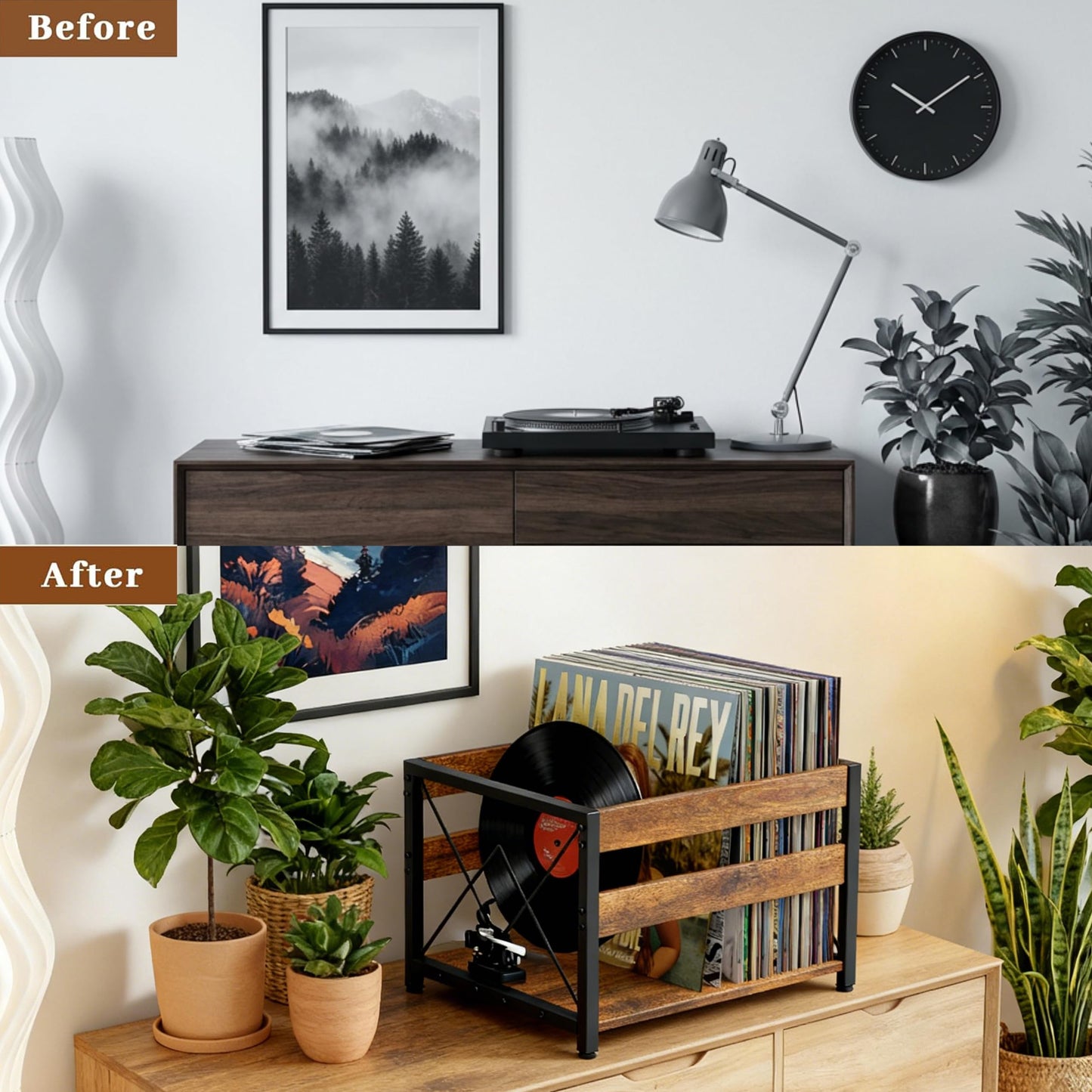 Y&M 2 Packs Vinyl Record Storage Crate, Wooden Storage Box, Classic Cube CD Albums Shelf Holder Organizer, Holds Up to 100+ Records, Magazine Rack for Desktop, Home, Office, Brown