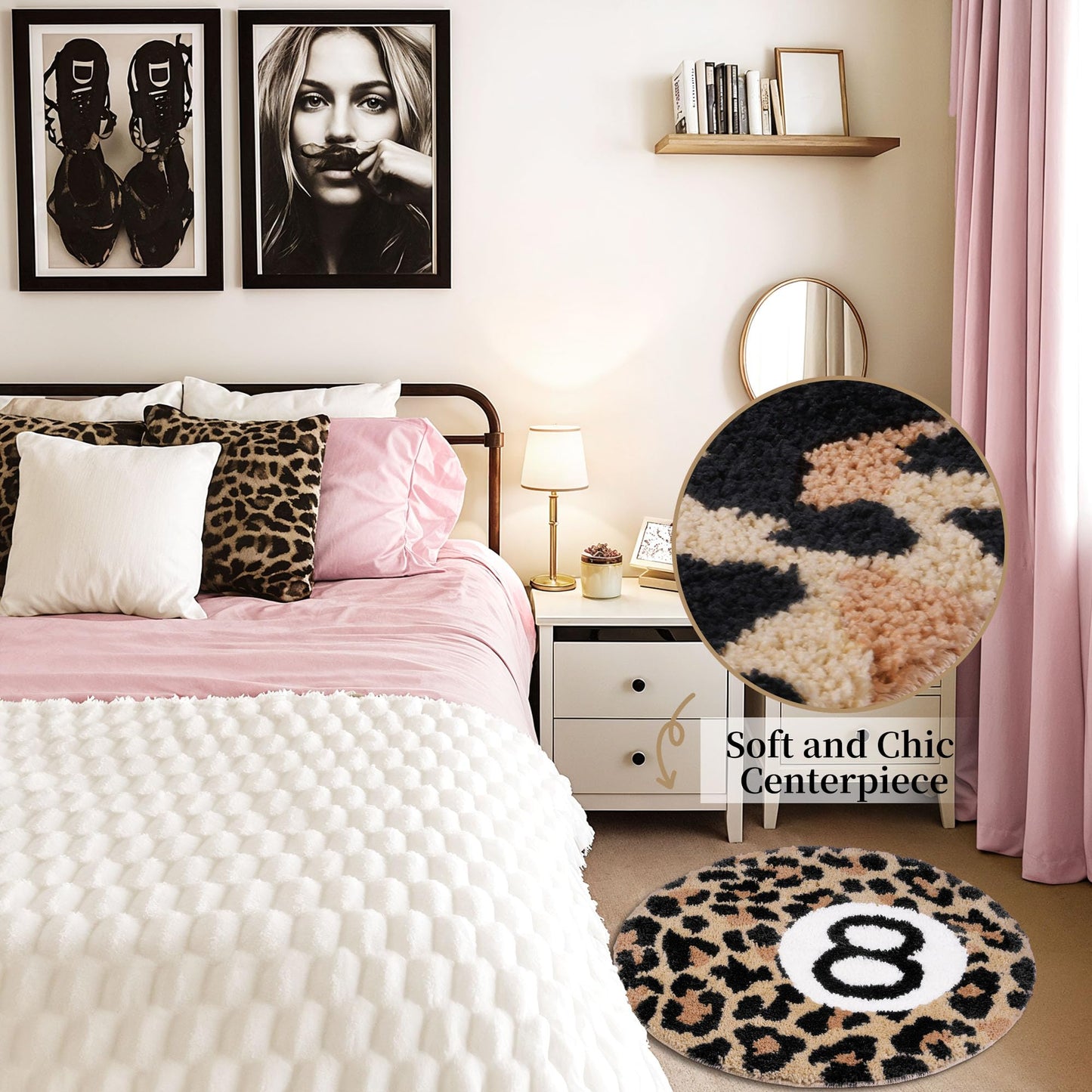 Dripykiaa Cheetah 8 Ball Rug Room Decor 24" Round Leopard Print Room Decor, Soft Plush Area Rug for Trendy Bedroom, Living Room, Dorm, Modern Aesthetic Home Accents for Women & Teens