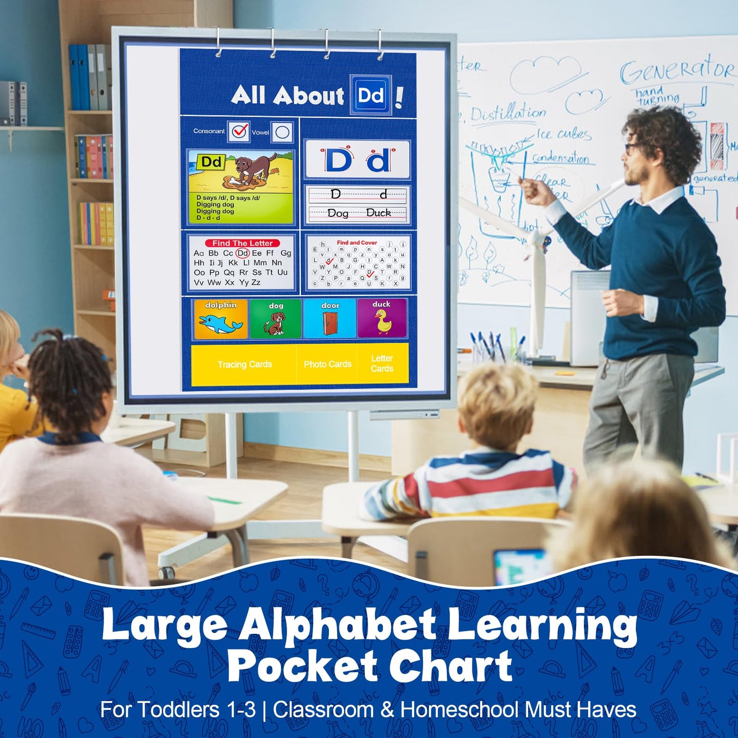 Meetory Alphabet Learning Pocket Chart - 41x28.3in Alphabet Wall Chart ABC Flash Cards Learning, Handwriting Practice Letter Tracing for Homeschool Supplies Preschool Kindergarten Classroom Must Haves