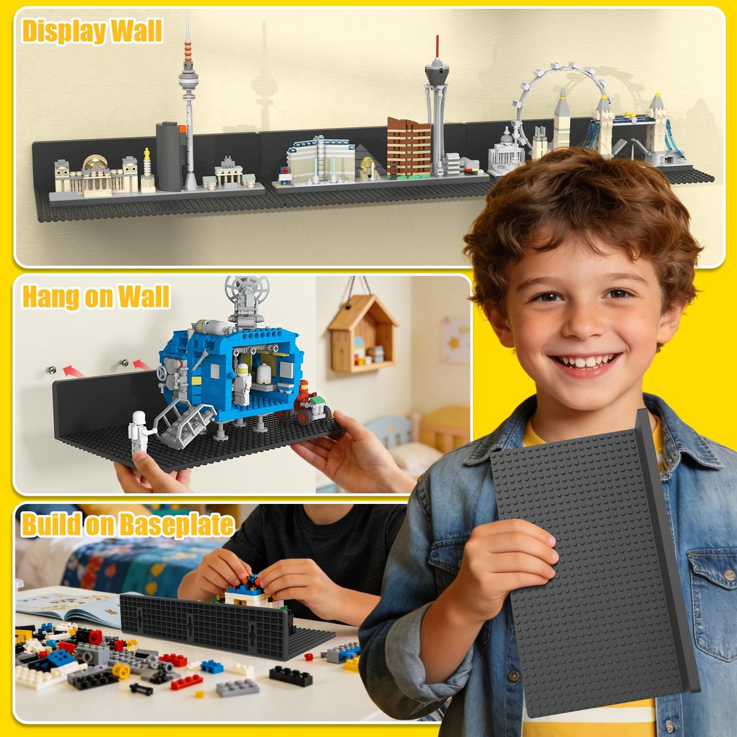 BlissBox 4-Pack Large Display Shelves for Wall Compatible with Lego Building Bricks, 11.3x6.3inch Dual-Sided 36x20 Studs for Brick Display and Storage, for Medium & Large Brick Builds, Black
