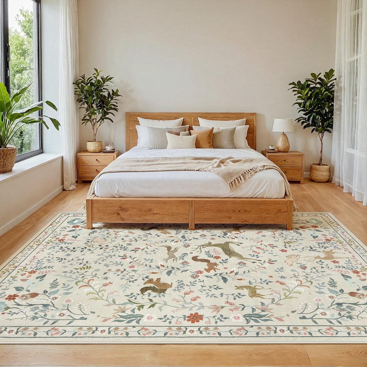 5x7 Area Rugs Washable Rug: Lagre Boho Living Room Rug Soft Non-Slip Thin Carpet Indoor Floor Non-Shedding Neutral Floral Carpets for Bedroom Dining Room Farmhouse Nursery Beige Animal