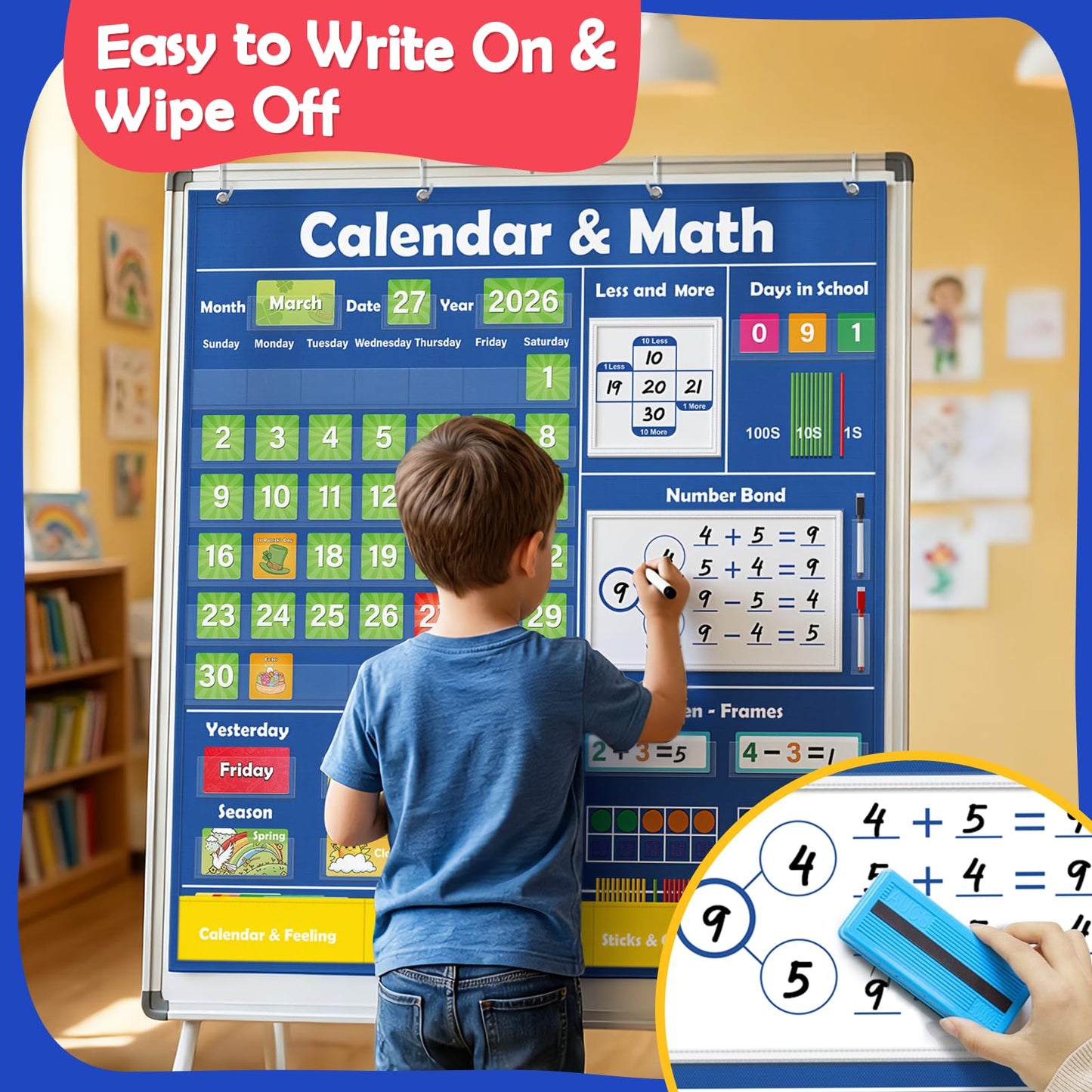 Quilinz Pocket Chart for Classroom,Toddler Preschool Math Calendar,Circle Time Learning Center,Math Manipulatives with Counting,Addition and Subtraction Games,Homeschool Supplies,Classroom Must Haves