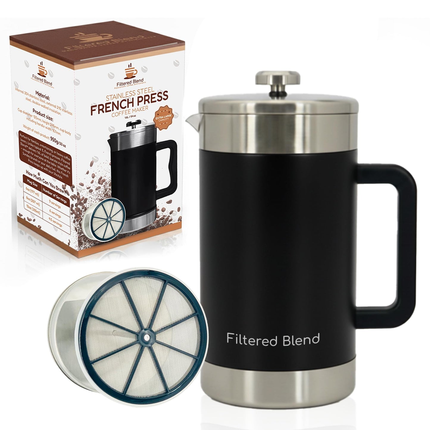 Filtered Blend 1.6L French Press Coffee Maker, 54oz Large Capacity French Press Stainless Steel Brewer with Double Filter Mesh for Kitchen Travel Camping, Hot & Cold Brew Coffee Maker Gifts (Black)