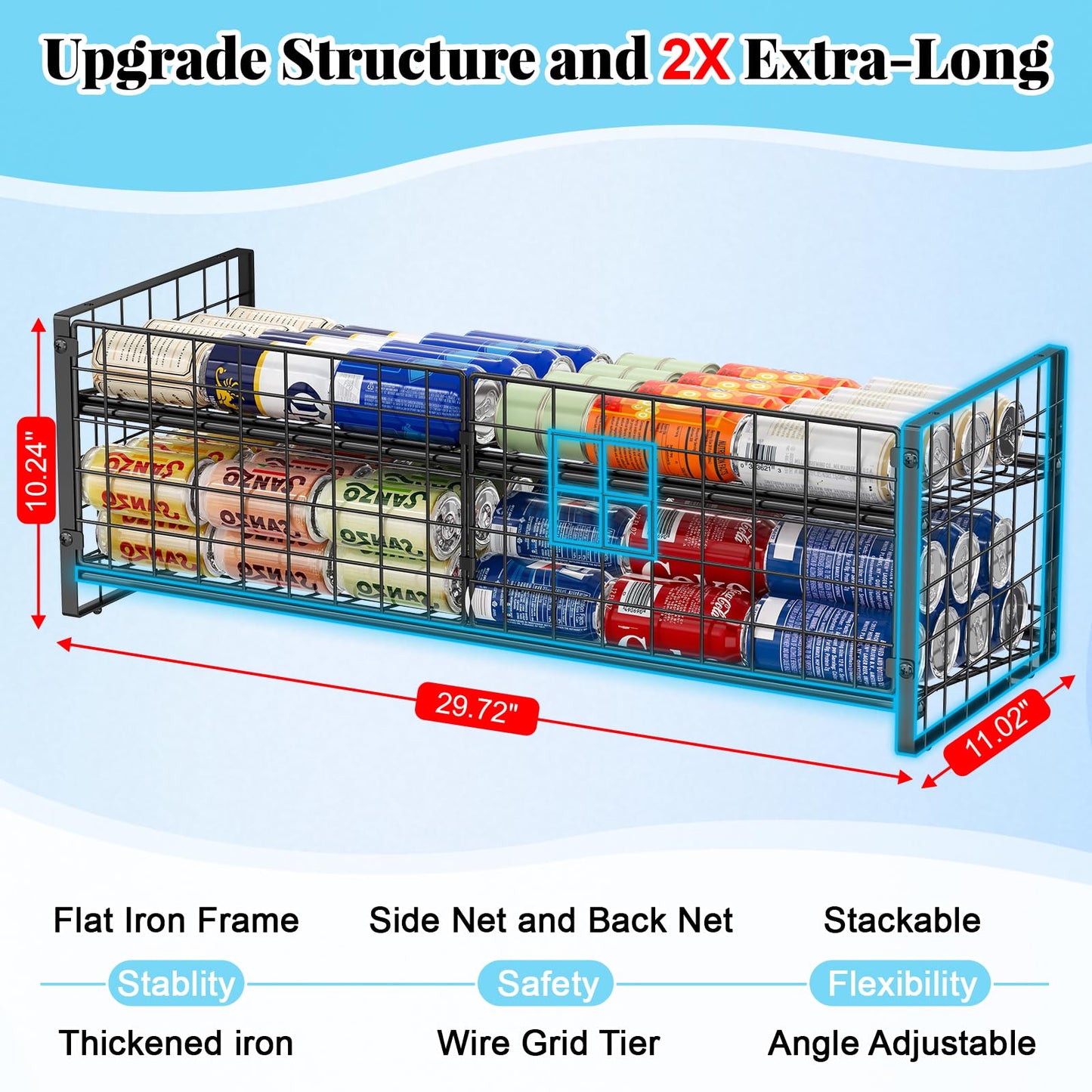 2-Pack Stackable Can Organizer for Pantry Shelf, Adjustable Extra-Long Rolling Can Rack for Kitchen Cupboard Storage, Sturdy Standing Can Holder for Canned Food Goods Soda up to 128, 2 Tier, Black