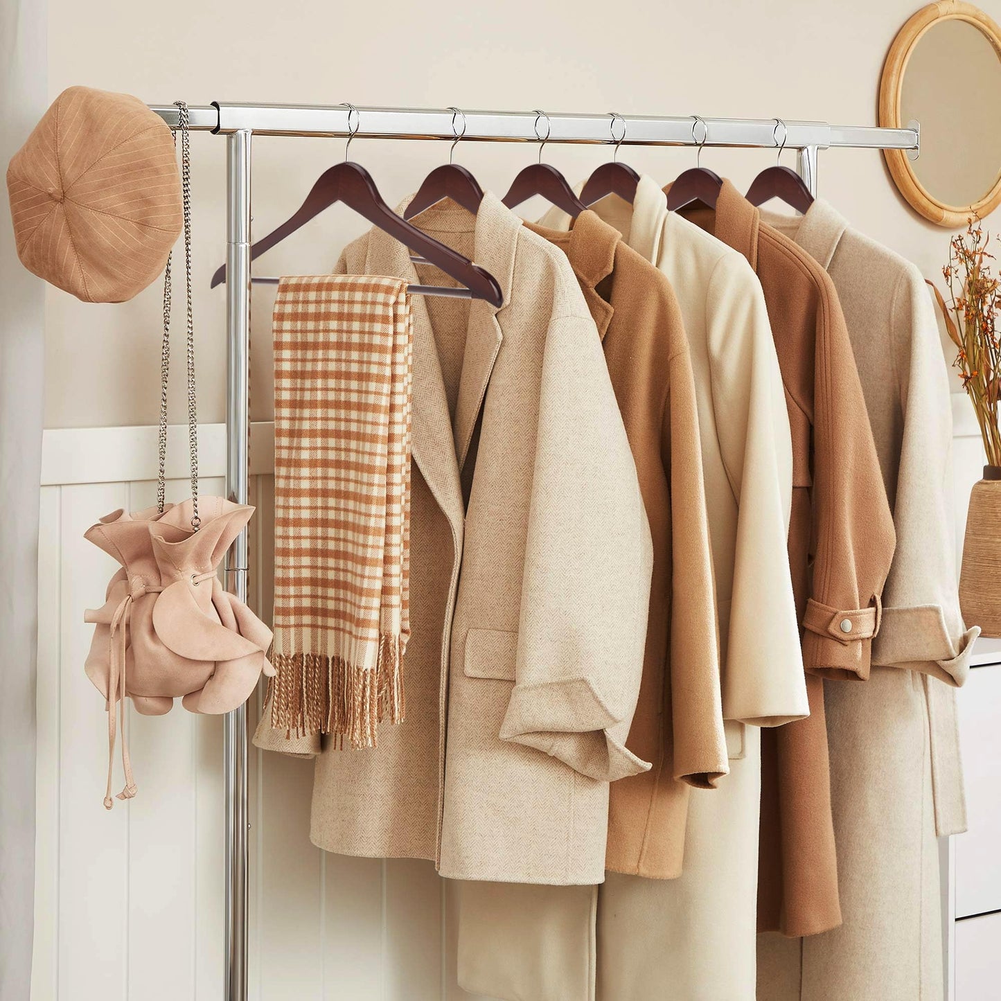 JS HANGER Wooden Coat Hangers, 20 Pack High Grade 17.5 Inch Wood Suit Hangers with Non Slip Pant Bar - Extra Smooth and Splinter Free Walnut Finish Wooden Suit Hangers for Closet Organization