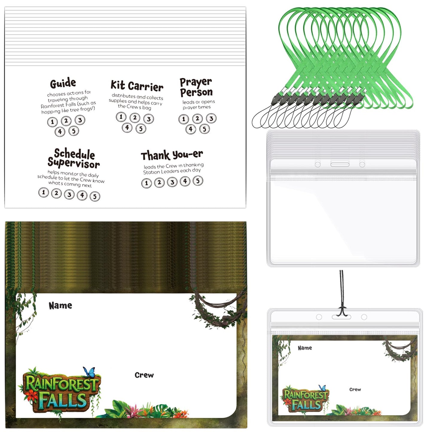 Engrowtic 100 Sets Rainforest Falls Name Badge for 2026 Vbs with Card Protector and Activity Rope 4 x 2.75 Inch Writeable Name Badges for Church, Summer Camp and Activities