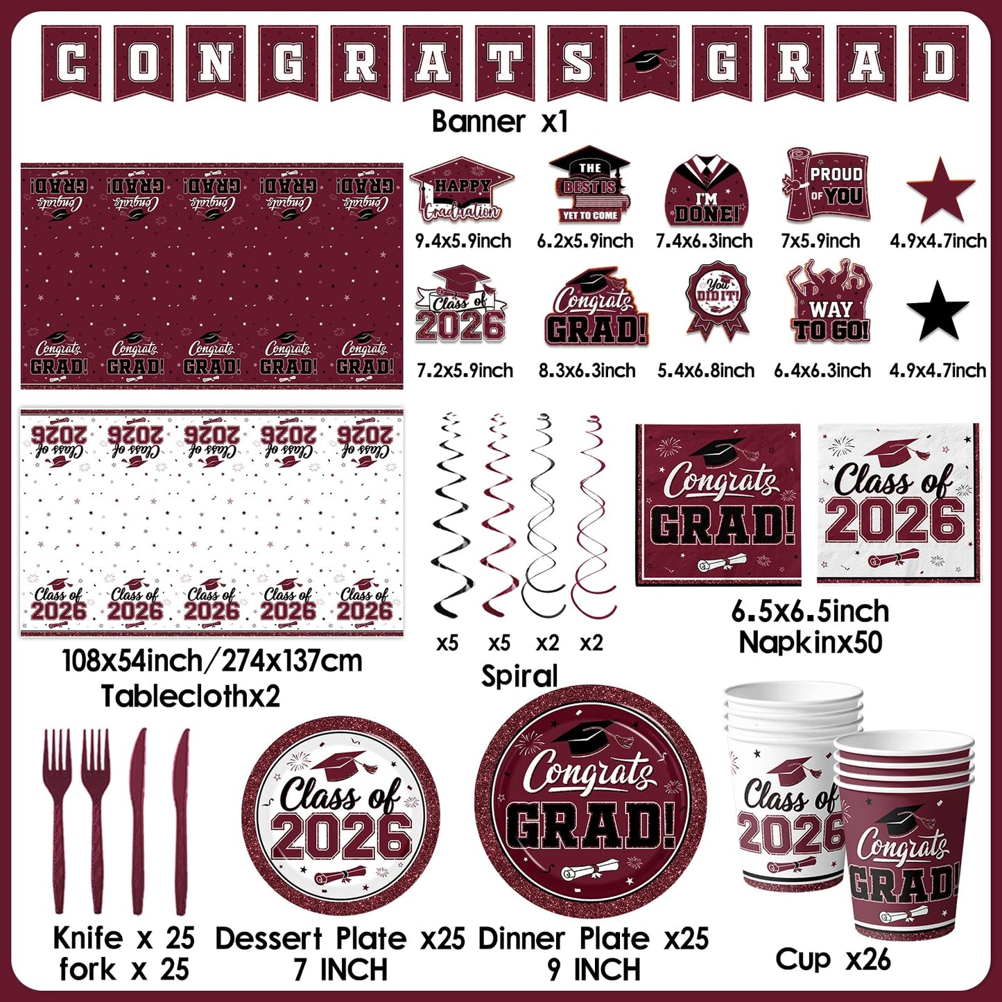 2026 Graduation Decorations Tableware,Maroon White Graduation Plates and Napkins,Class of 2026 Congrats Grad Party Supplies Disposable Tablecloth Cup Knife Fork for Graduation Party Decor,Serve 25