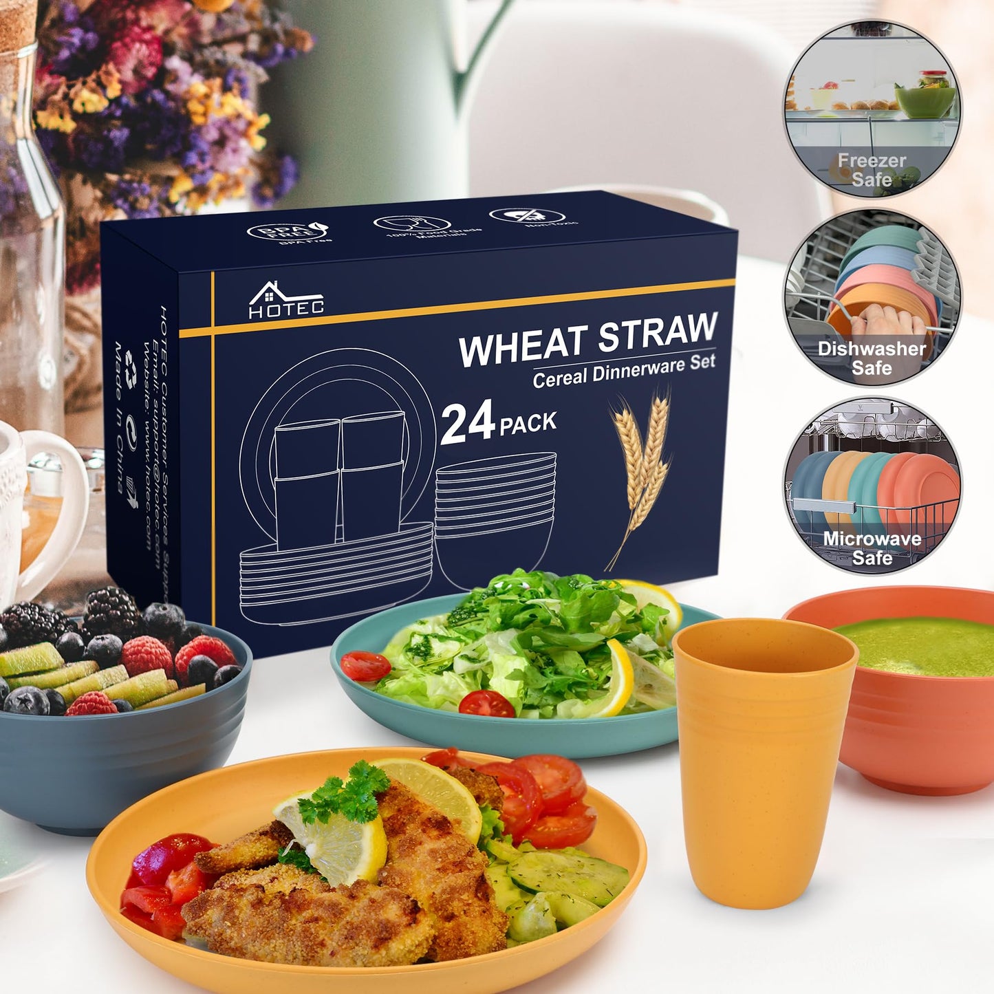 HOTEC 24-Pack Unbreakable Kitchen Plastic Wheat Straw Dinnerware Set – BPA-Free Plates, Bowls & Cups | Lightweight, Microwave & Dishwasher Safe | Multicolor Reusable Tableware for Home & Outdoor Use