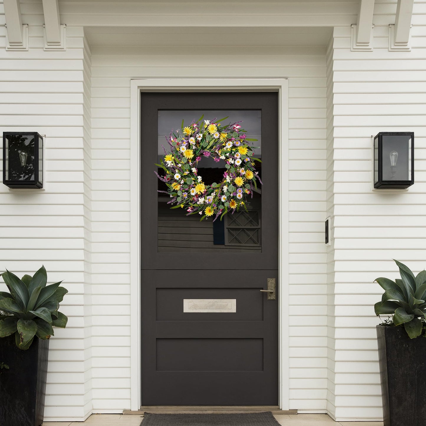 Sggvecsy Daisy and Lavender Wreath 24’’ Wildflower Wreath Spring and Summer Artificial Spring Silk Summer for Front Door Home Wall Wedding Festival Farmhouse Holiday Decor