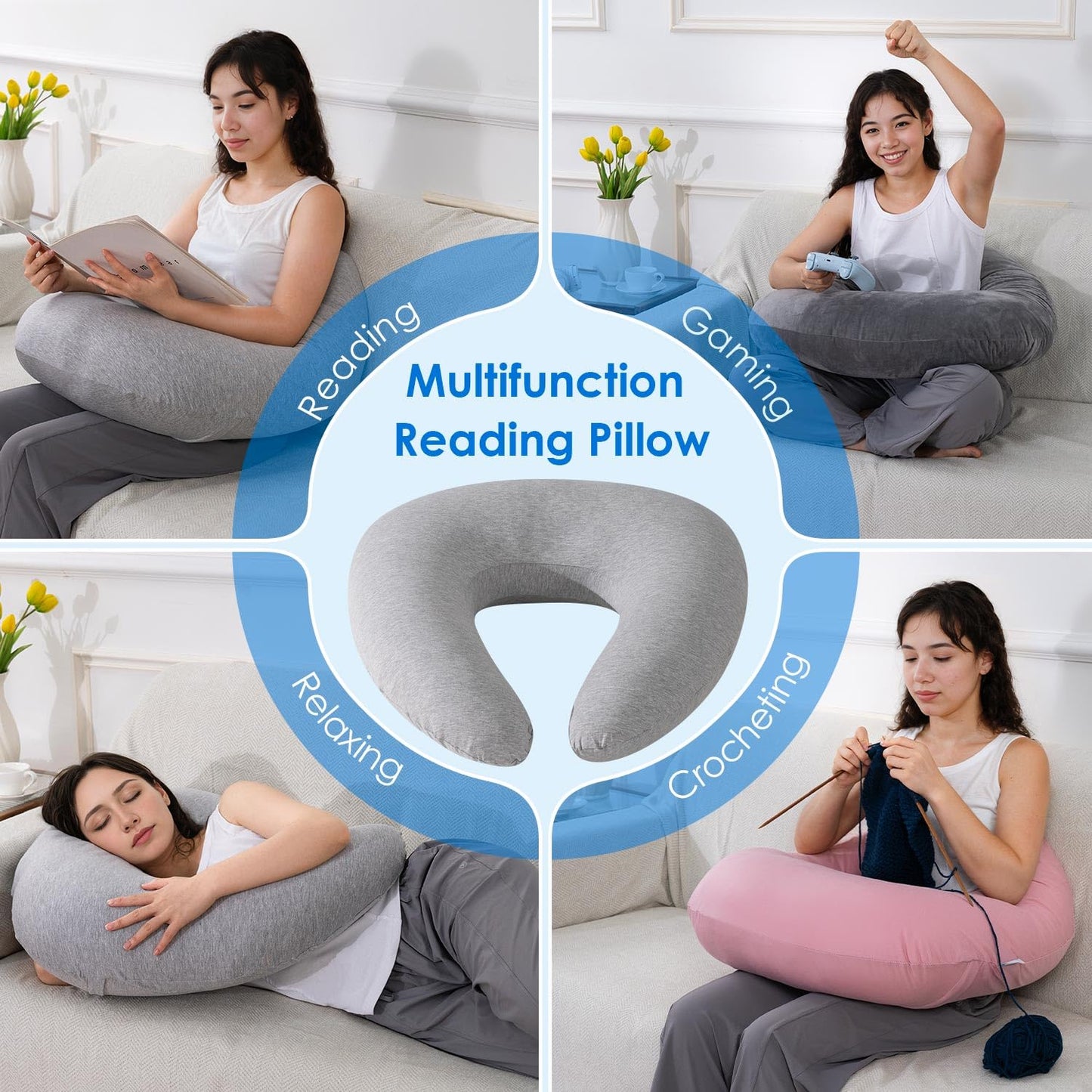 QUEEN ROSE Reading Pillow for Gaming, Lap Desk Pillow for Sitting in Bed or Sofa, Compact Arm Support Pillow for Reading, Playing or Crocheting, Cooling Grey