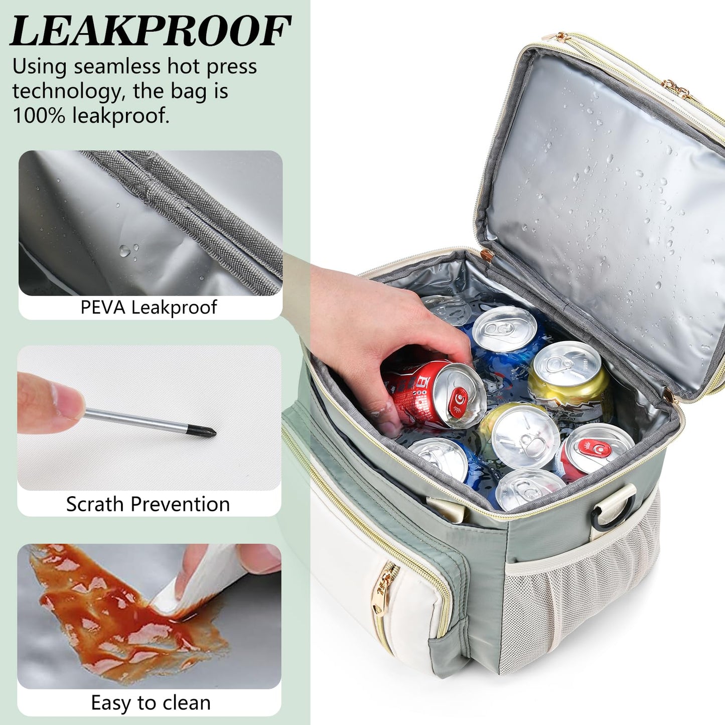 BAGNN Lunch Box for Women, Expandable Large Double Deck Insulated Lunch Bag with Strap, Lightweight Leakproof Cooler Tote Bag, Adult LunchBox for Work, Picnic, Beach & Travel, 16L, Olive Green & White