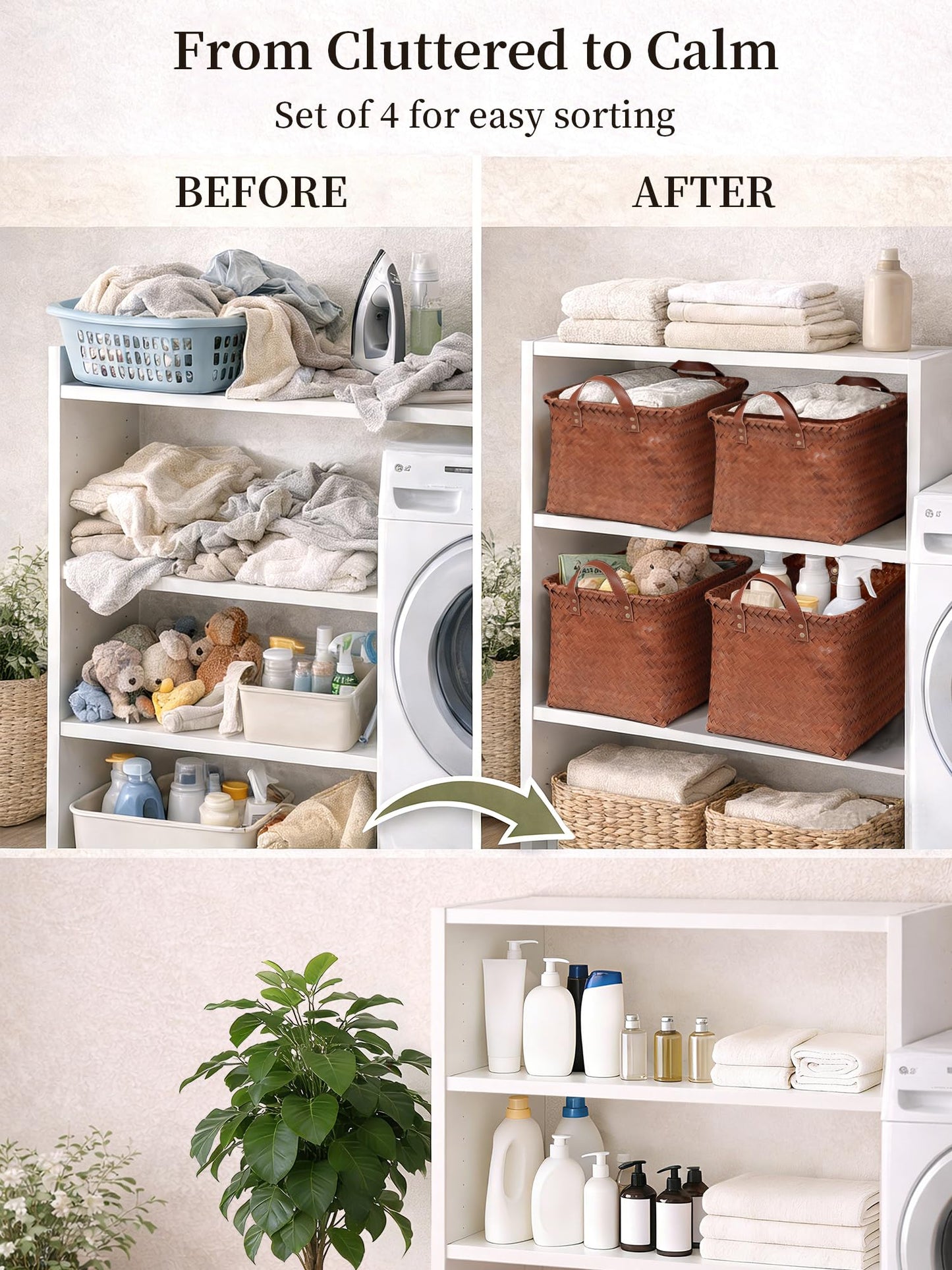 Panovox Hand Woven Baskets for Storage, 4Pcs Water-Resistant Wicker Baskets, Brown Wicker Storage Baskets for Shelves, Large Basket with Handle for Organizing, Clothes, Laundry, Blanket - Rectangular