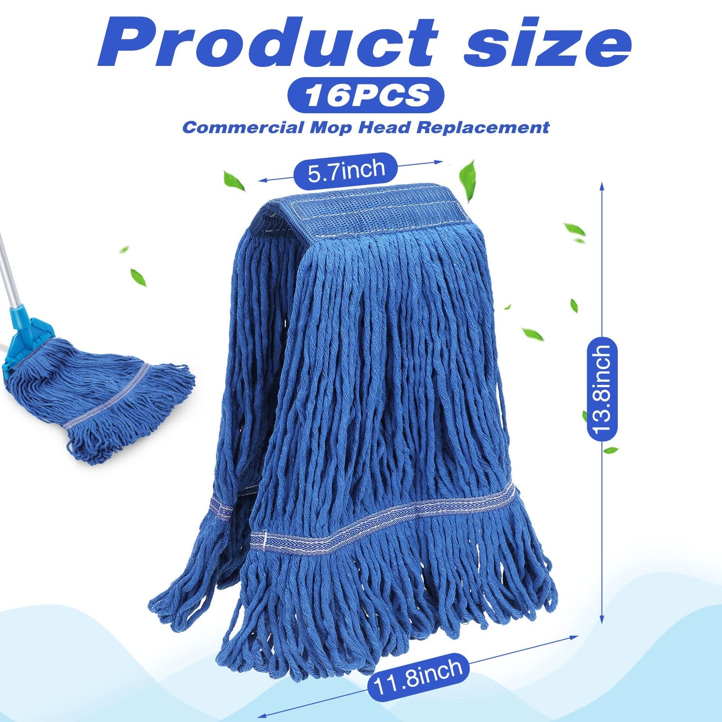 16 Pack Commercial Mop Head Replacements Looped End Wet Mop Head Heavy Duty Mop Heads Cotton String Mops Blue Industrial Cleaning Mop Head Refills for Commercial Industrial Home Cleaning