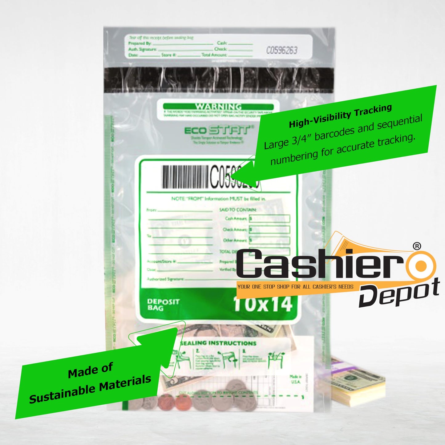 100 Cashier Depot Tamper Evident Deposit Bags, 10" x 14", Clear, Plastic, Press & Seal VOID Closure, Serialized Barcode, Perforated Receipt, 100 Count
