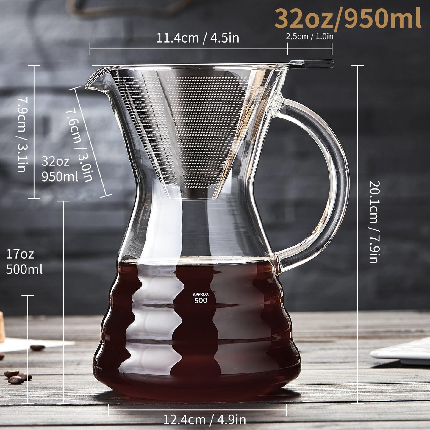 Unbreakable - Pour Over Coffee Maker with Permanent Stainless Filter 27 fl oz, Thickened Heat-Resistant Borosilicate Glass Dripper Coffee Brewer, Stovetop Safe