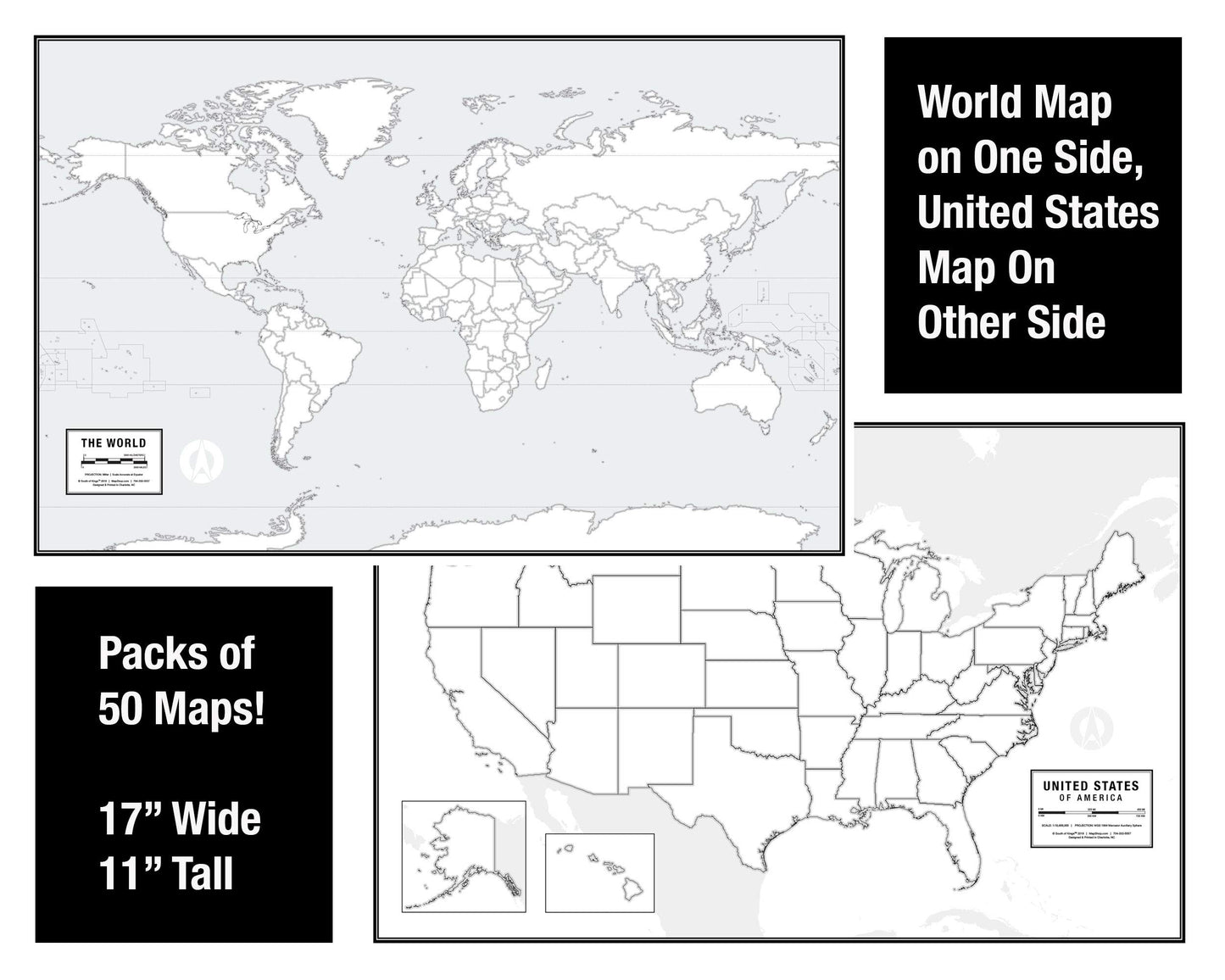 Educational Blank Outline Maps, 2-Sided World & US, 17” x 11”, 50-Pack | Great Blank Map Worksheets for Classroom or Home Study | Laminated Answer Sheet Included | Map Packs are Perfect Desk Size