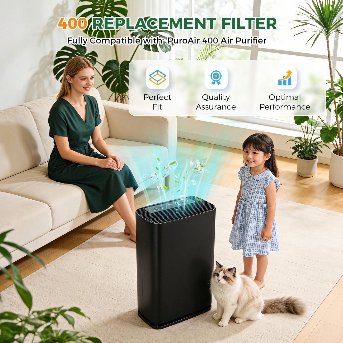 2 Pack 400 Replacement Filter for PuroAir 400 Air Purifier, 3-in-1 HEPA with Activated Carbon Filter Attach 99.97% of Pet Dander, Smoke, Pollen.HP-14 Replacement Filter