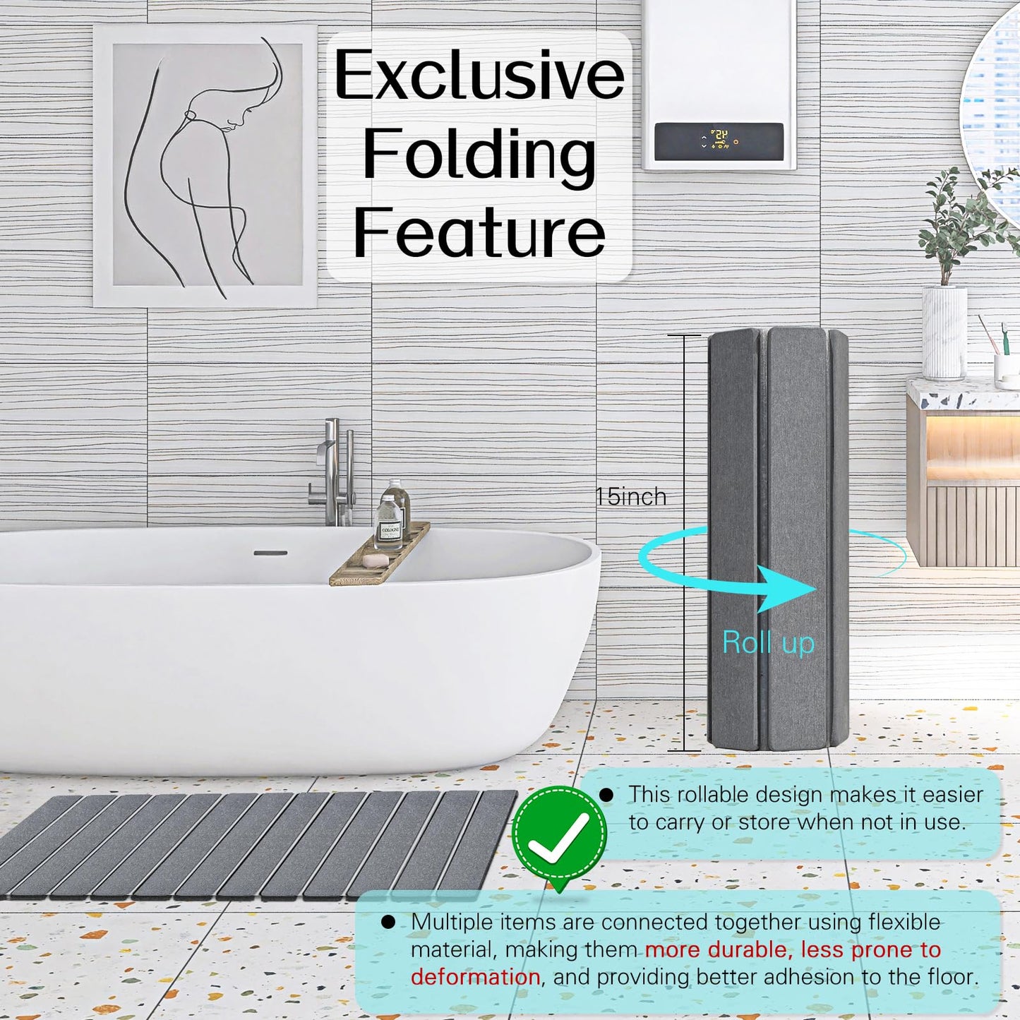 Cuckan 2 Pack Foldable Stone Bath Mats for Bathroom Super Absorbent Diatomaceous Earth Bath Mat Quick Dry Bath Rug Drying Mats with Non Slip Shower Rug Tub Shower Mat