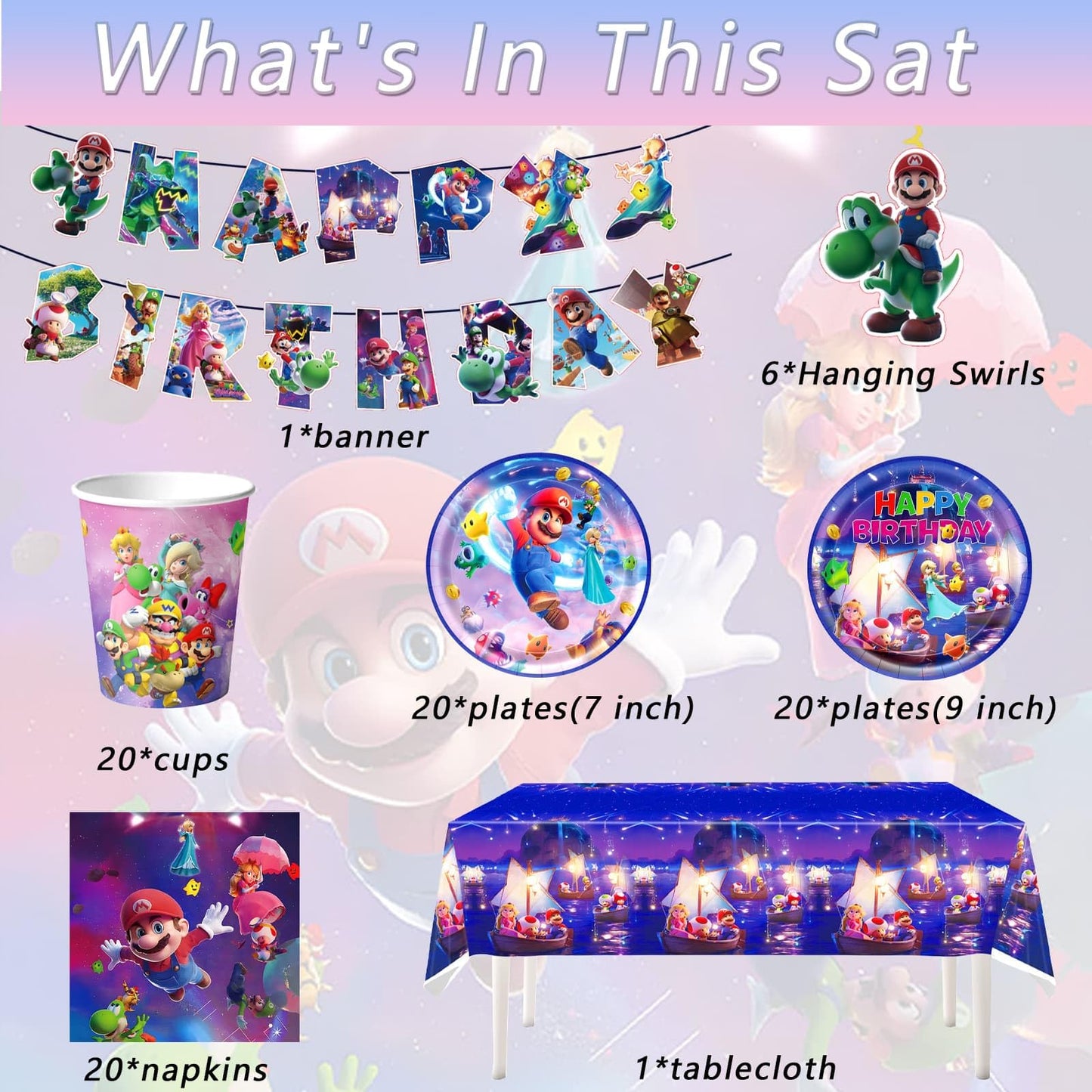 88PCS For Latest Mario Party Supplies: 6 Hanging Swirls, 20 Napkins, 20 Cups, 20 Plates （9 inch）， 20 Plates 7（ inch）, 1 Banner, 1 Tablecloth for Mario Birthday Party Decorations