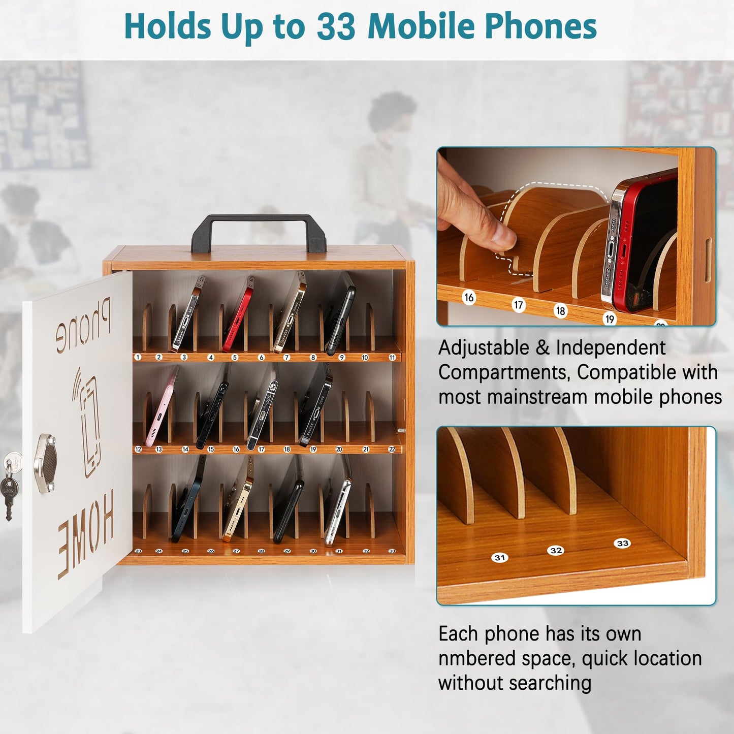 Loghot Wooden Cell Phone Storage Cabinet, Adjustable Dividers Cell Phone Locker with Security Lock & Handle, Desktop Phone Organizer for Classroom, Office & Repair Shops (Cherry, 33 Slots)