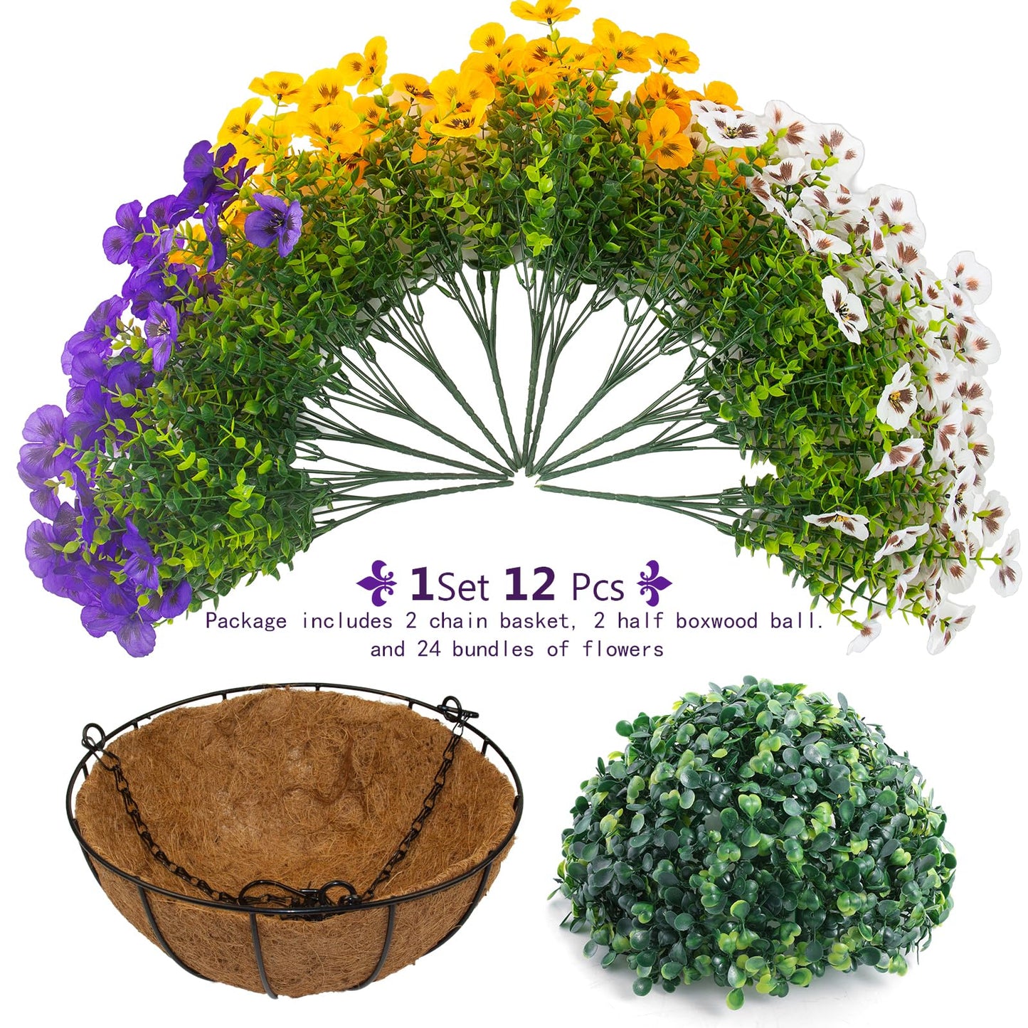 lovemoon 2 Sets Artificial Hanging Pansy Flowers with Baskets, 24 Pcs UV Resistant Faux Silk Pansy Outdoor Hanging Flower for Porch Patio Garden Home Spring Decor (2, White,Yellow,Purple)