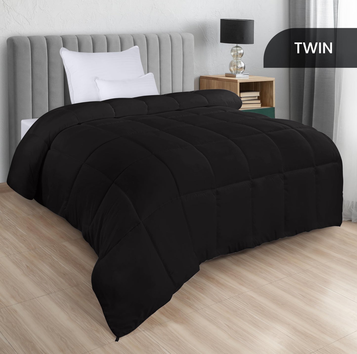 Utopia Bedding Comforters King Size, All Season Duvet Insert, Down Alternative Box Stitched Bed Comforter with Corner Tabs, Machine Washable (Black)