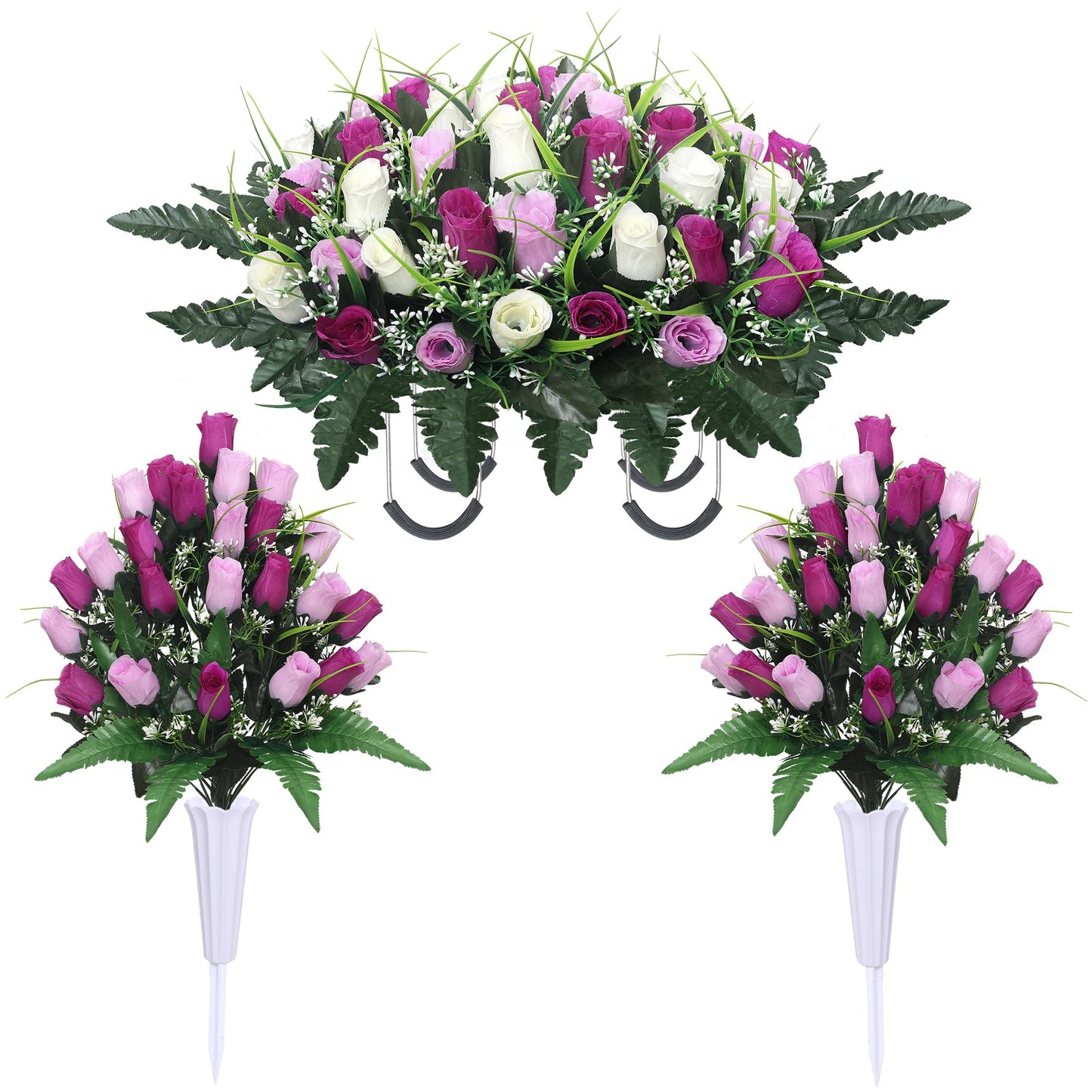 Lodou Artificial Cemetery Flower Saddles for Graves, Cemetery Memorial Flowers with Vase and 2 Memorial Bouquets for Grave Tombstone,Outdoor Grave Saddle Headstone Decorations (Purple White)