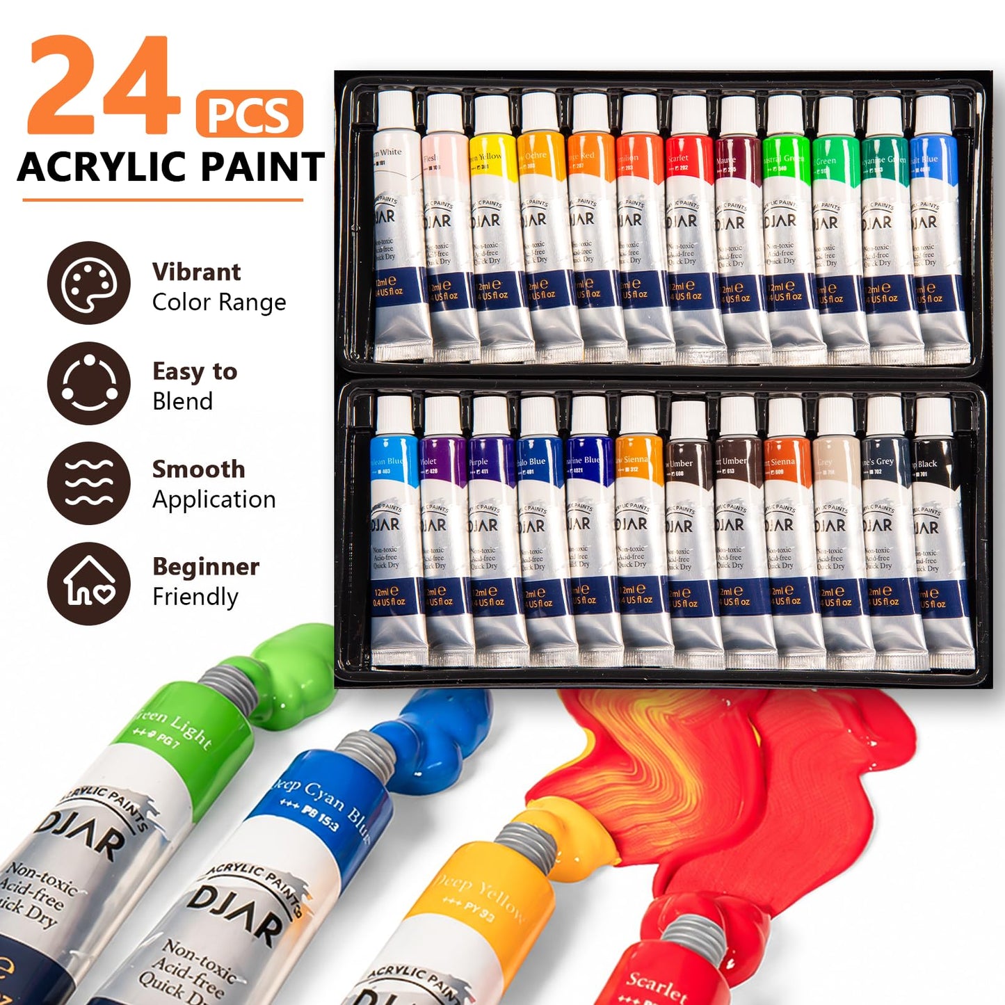DJAR 49 pcs Acrylic Art Set with 25" Art Easel, Adjustable Beech Wood Tabletop Wooden Easel for Painting, Painting Supplies with 24 Acrylic Paints, Canvas Panels, Palette for Teens, Adults, Students