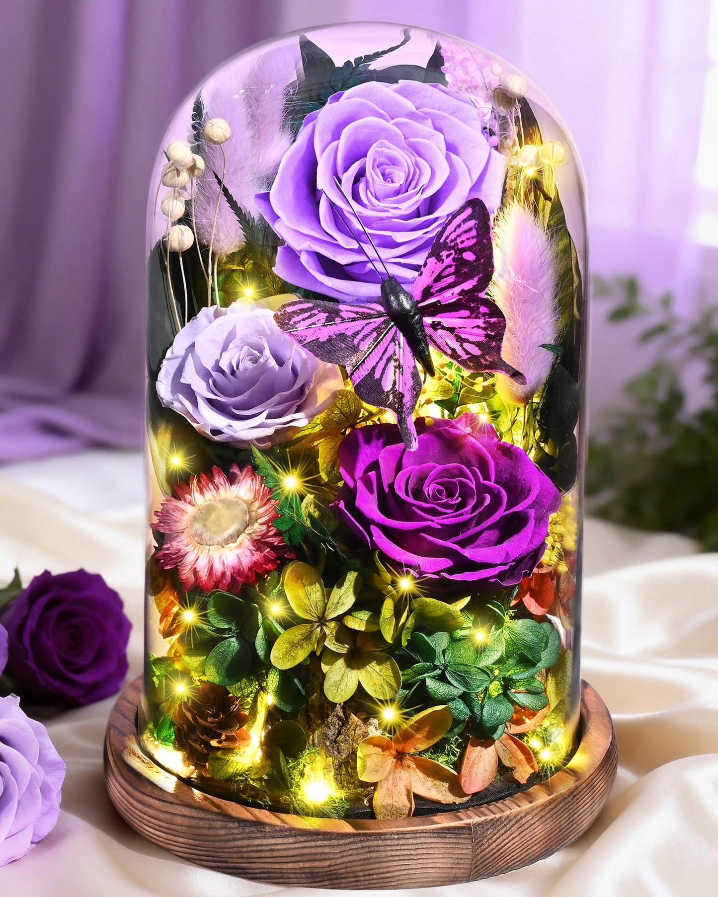 Yastouay Gifts for Mom Mothers Day Birthday Gifts for Women, Forever Rose Flowers for Delivery, Purple Preserved Roses Flowers in Glass Dome with Light Gift Box for Mom Her Women Wife Anniversary