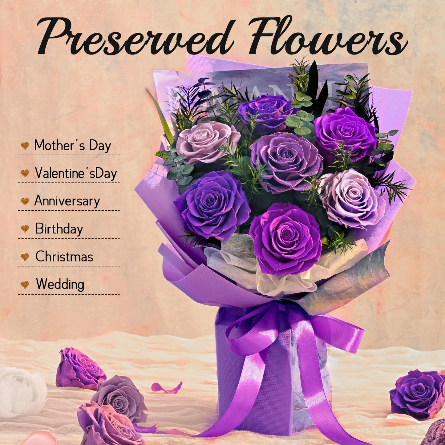 Flowers for Delivery Prime 7 Roses, Mothers Day Flowers for Mom, Mothers Day Gifts, Forever Preserved Purple Flower Bouquet Eternas Rose Birthday Gifts for Women Gf Gifts Wedding Anniversary