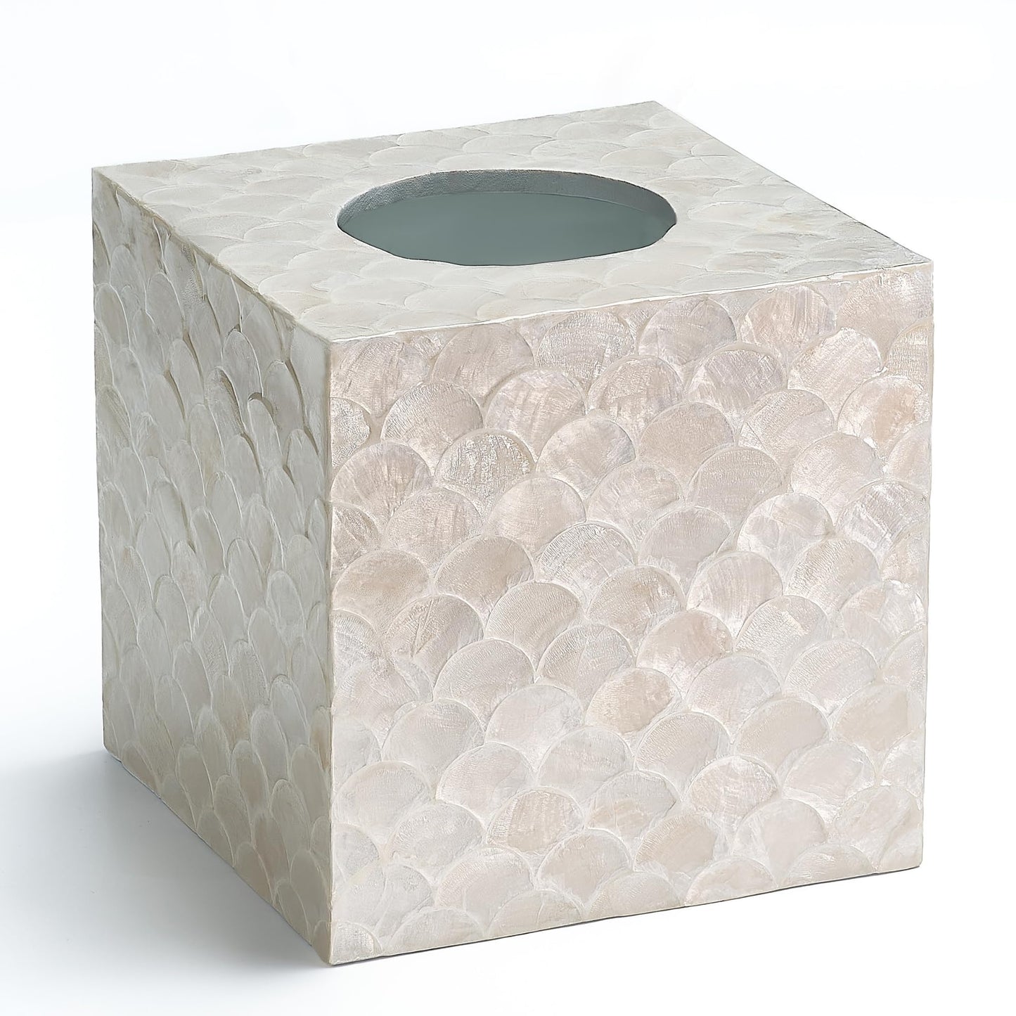 CHI AN HOME 5.8” Capiz Tissue Box Cover, Square Decorative Tissue Holder with Bottom Slider, Handmade Bathroom Accessories, Elegant White Cube for Vanity, Bedroom, Office & Coastal Décor (Natural)