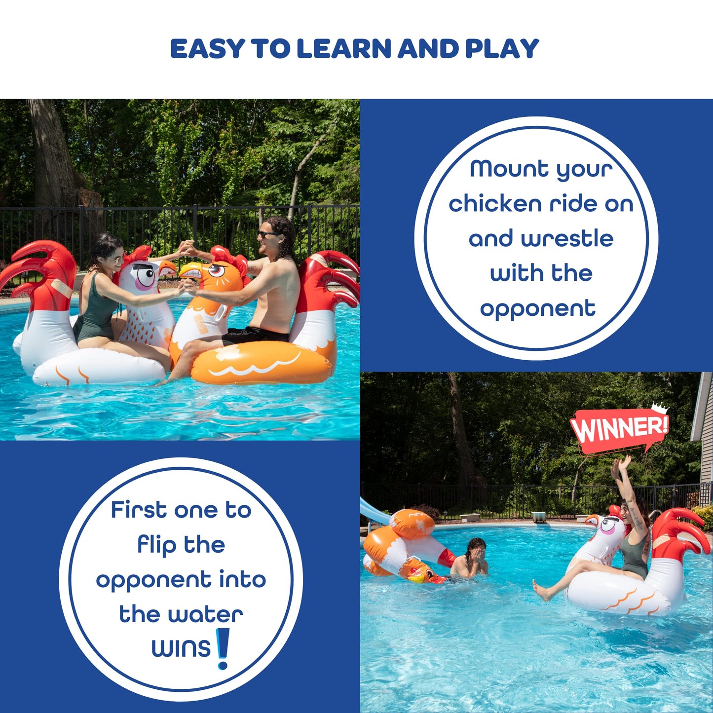 Chicken Fight Inflatable Pool Float Game Set- Includes 2 Giant Battle Ride-Ons- Flip Your Friends to Win- Outdoor Swimming Party Activities Fun w Kids Family Adults, Durable PVC Material