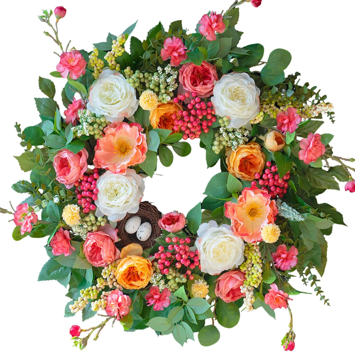 CHvista 24 Inch Spring Wreaths for Front Door Outside,Handcrafted Spring Door Wreath with Roses,Eucalyptus Greener y& Bird Nest Eggs,Luxury Summer Wreaths for Front Door for Porch Home Wall Window