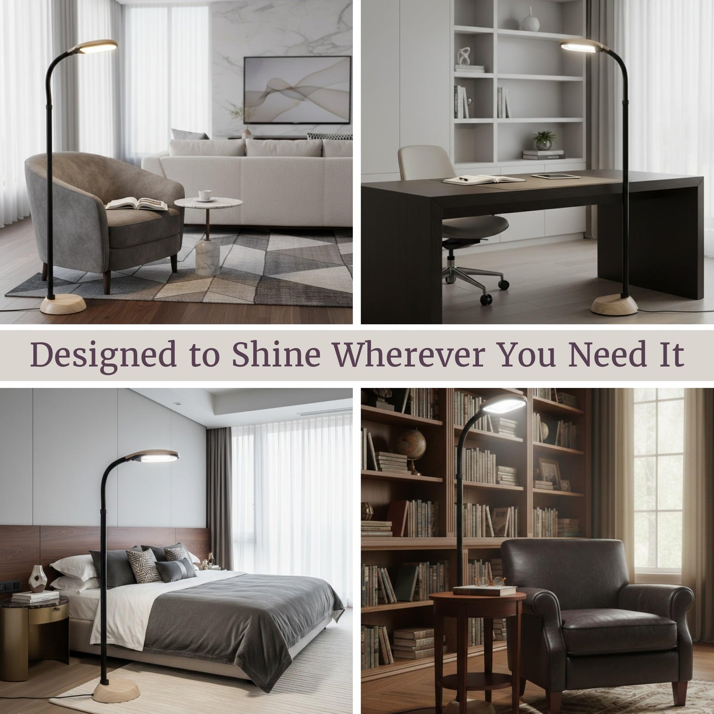 Bedford Home Floor Lamp - Full Spectrum Natural Sunlight Lamp with Bendable Neck - Reading, Craft, and Esthetician Light (Light Woodgrain)