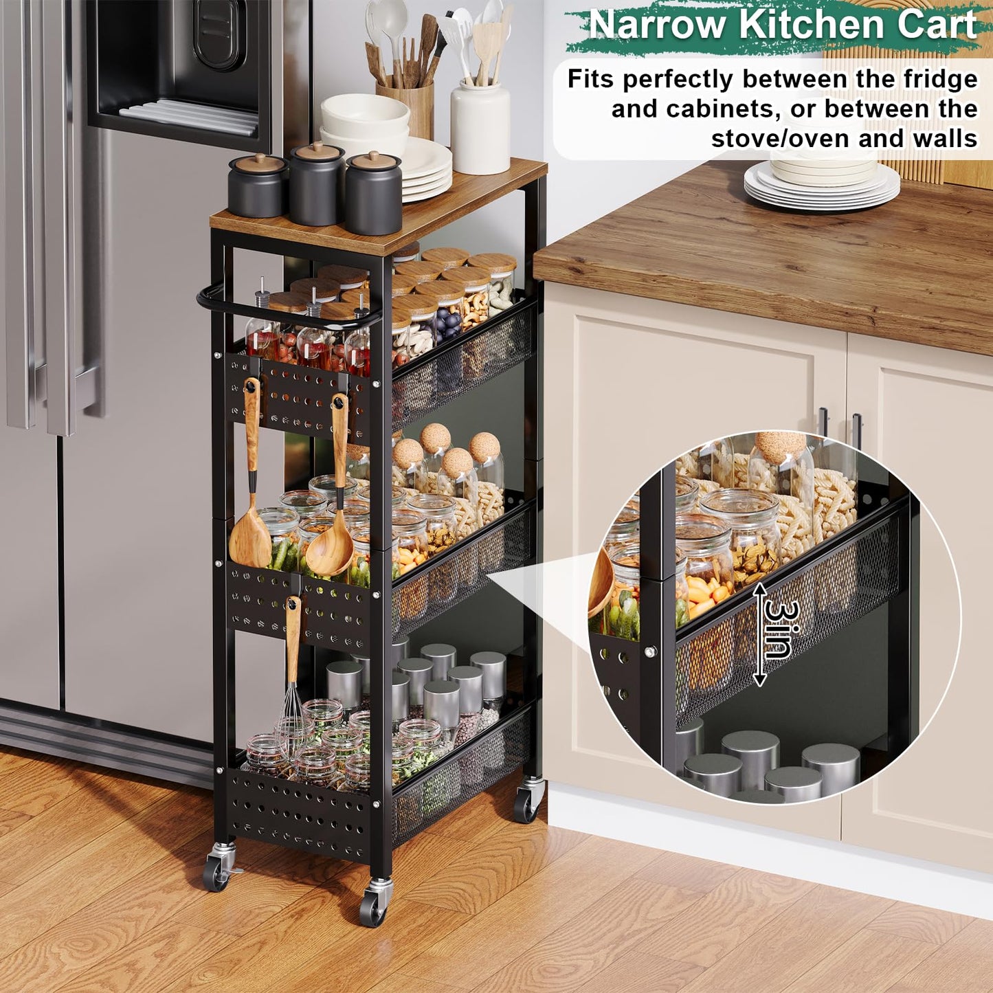 Utility Slim Storage Cart, 4-Tier Narrow Bathroom Organizer and Storage Cart, Metal Narrow Kitchen Laundry Room Organization Rack with Wood Top, Slim Rolling Shelf with Wheels for Small Space