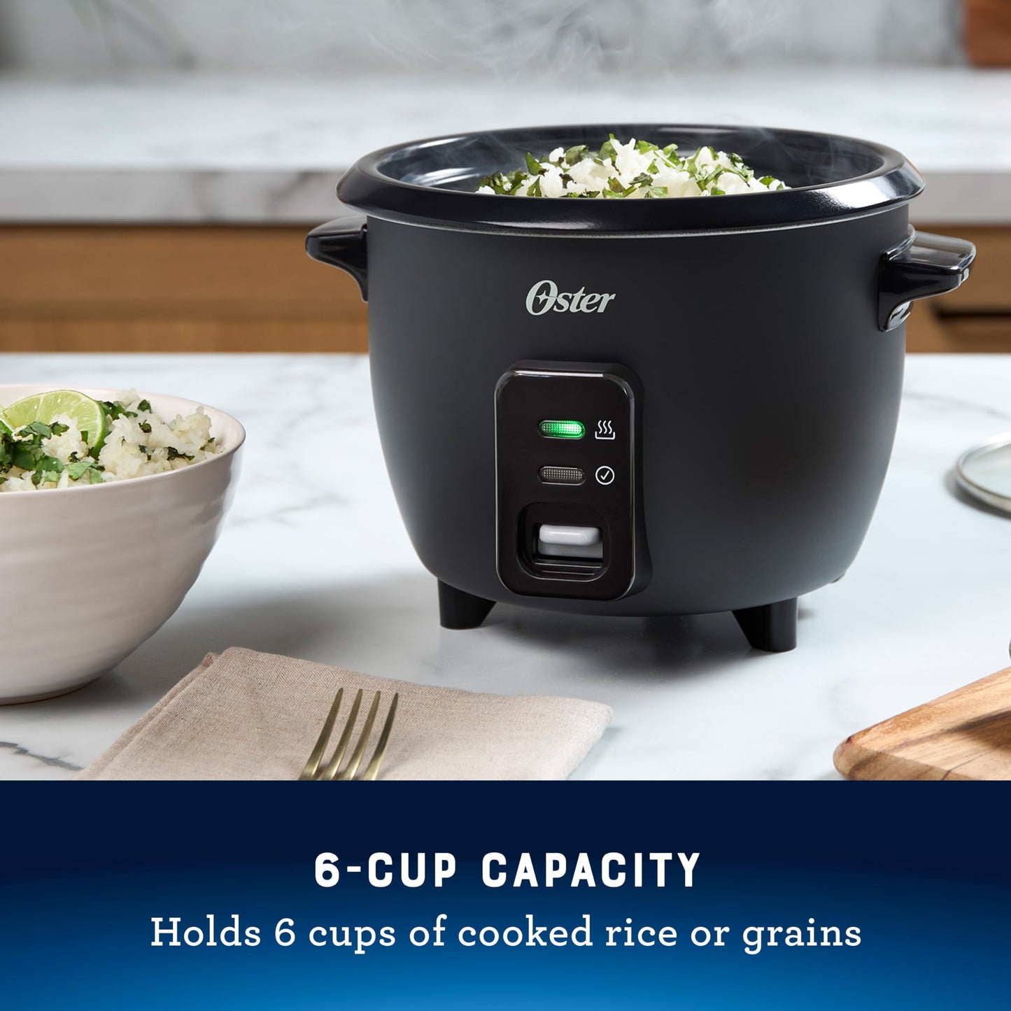 Oster Rice Cooker, 6 Cup Cooked (3 Cup Uncooked), Electric Rice Maker, Compact Size for Family Meals & Sides, Automatic Keep Warm, Nonstick Inner Pot, Black