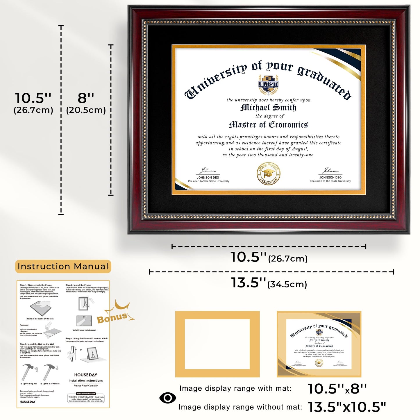 HOUSE DAY Diploma Frame 8.5 x 11 with Black over Gold Mat or Display 11x14 Diploma Frame 11x14 without Mat, High Definition Glass Certificate Frames 8.5 x 11 Degree 11 x 14 Diploma Frames, Mahogany with Gold Beads, 1 Pack