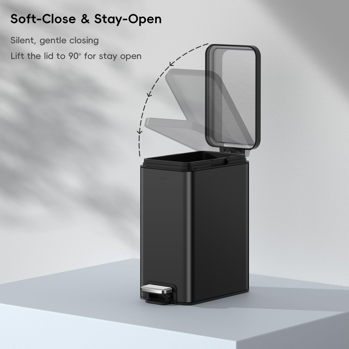 EKO Small Bathroom Trash Can with Lid Soft Close, Step Pedal, 10 Liter / 2.6 Gallon Stainless Steel Garbage Can with Removable Inner Bucket, Anti-Fingerprint Finish (Matte Black)
