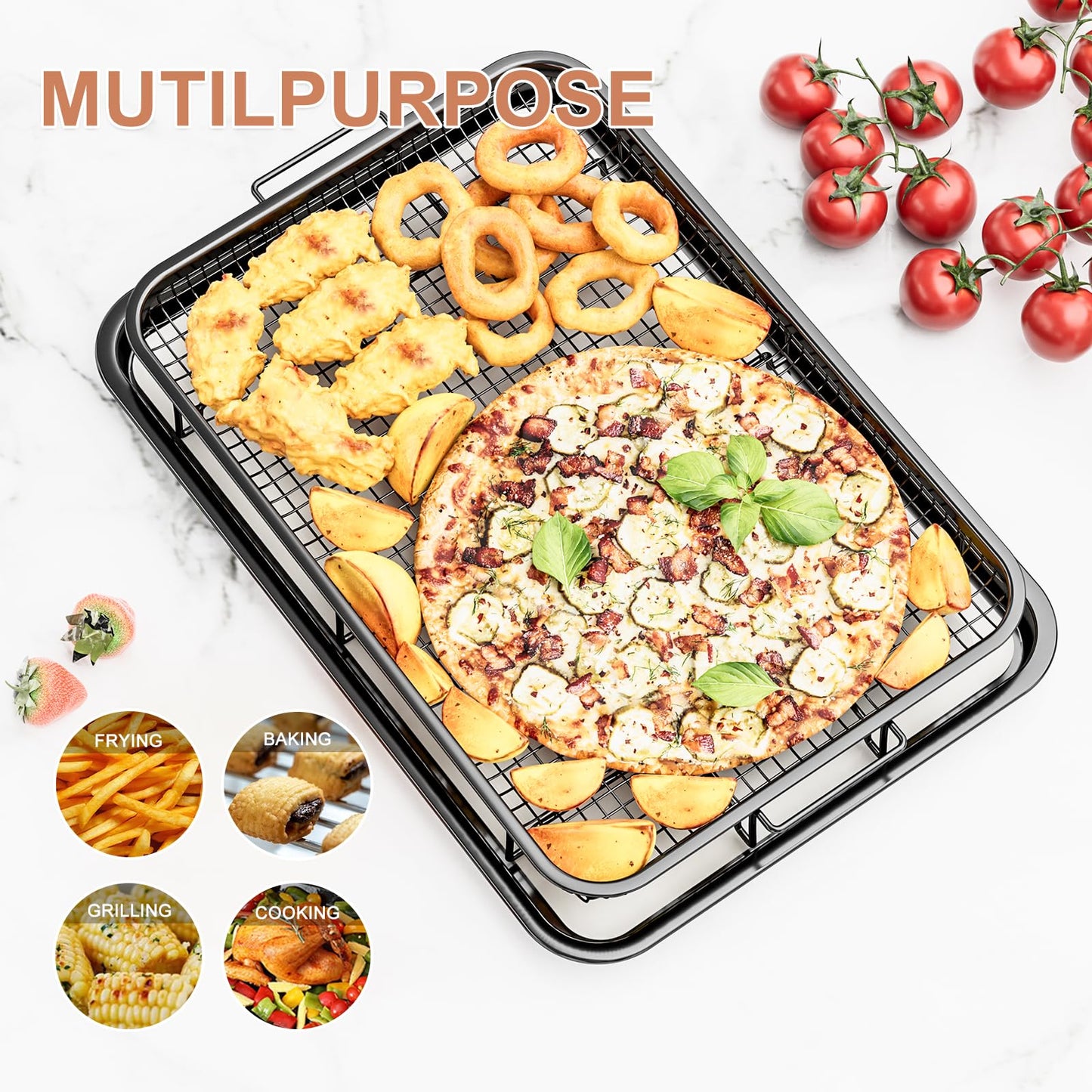 Air Fryer Basket for Oven,2 Set Air Fryer Basket and Tray Set with 60 Sheets Parchment Papers,THORSES Food-Grade Stainless Steel Air Fryer Pan and Crisper Tray-Black Large15"×11"&Medium13.4"×9.6"