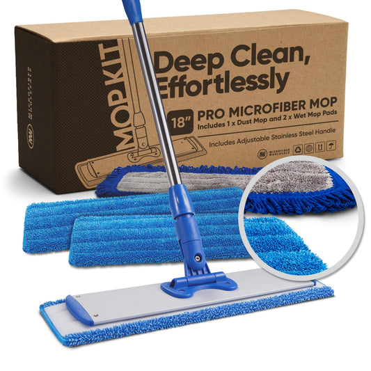 18” Pro Microfiber Hardwood Floor Mop - Cleans Floor in Seconds | Dust & Wet Mopping | Hardwood, Tile, Laminate & Vinyl with 3 Washable Pads, No Buckets Needed with Deluxe Household Mop