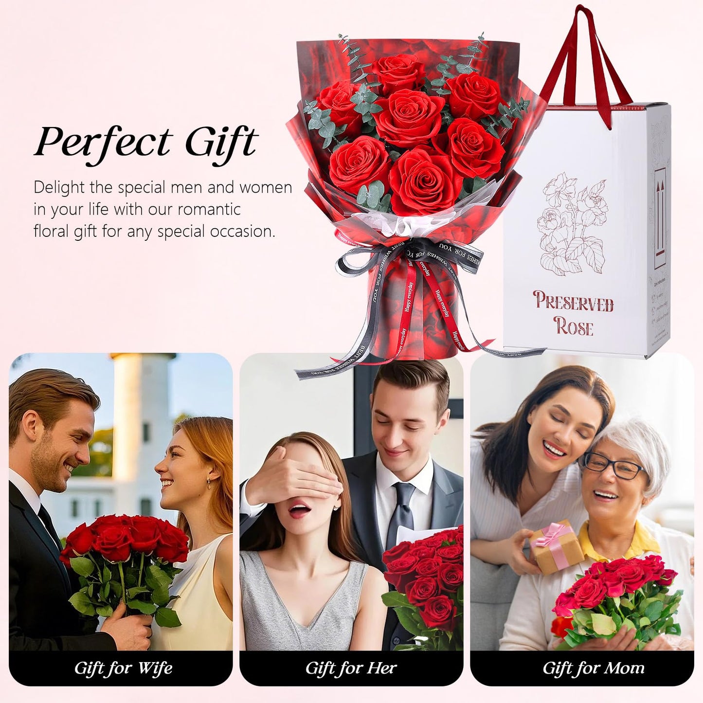 Preserved Flowers Bouquet 7 Roses - Red Real Rose & Flowers for Delivery, Eternal Roses Bouquet with Gift Box, Mothers Day Gifts for Mom Grandma Wife, Anniversary Birthday Gifts for Women